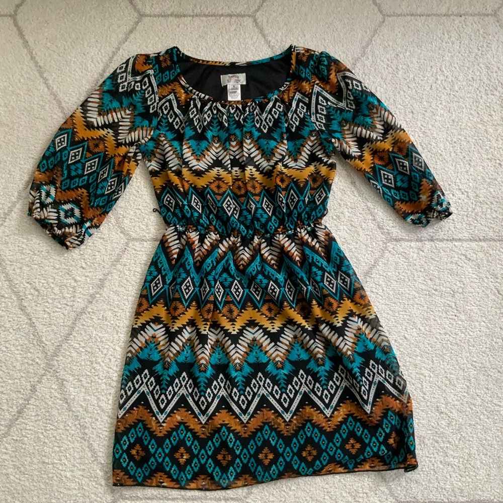 Sweet Storm Geometric Patterned Dress in Teal and Brown